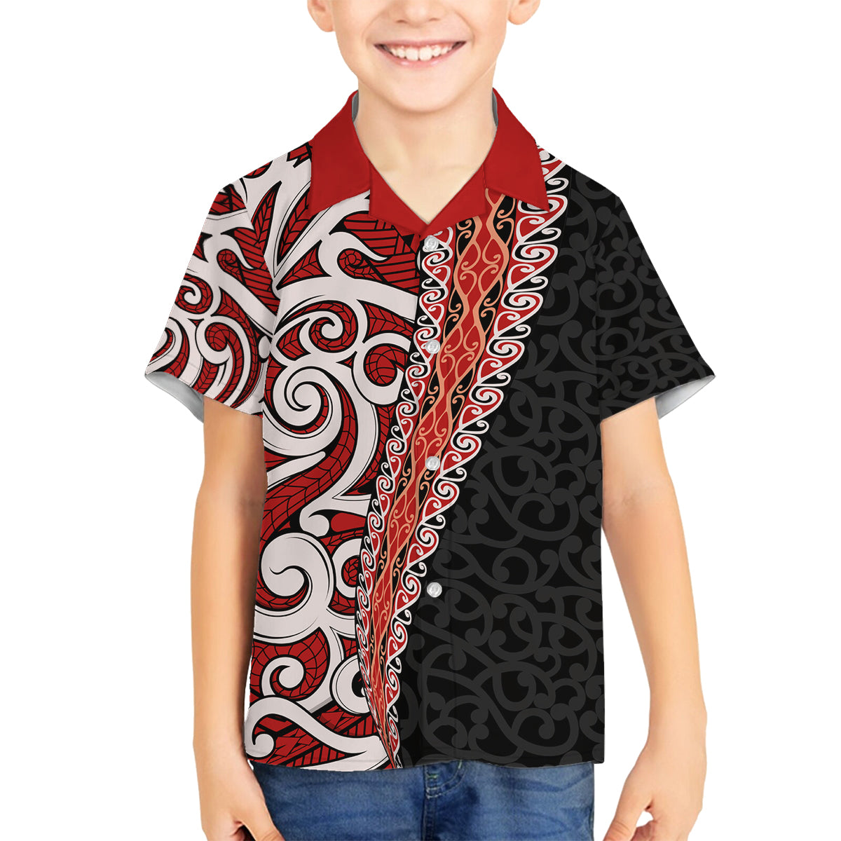 New Zealand Maori Stylized Koru Family Matching Puletasi and Hawaiian Shirt LT03 Son's Shirt Red - Polynesian Pride