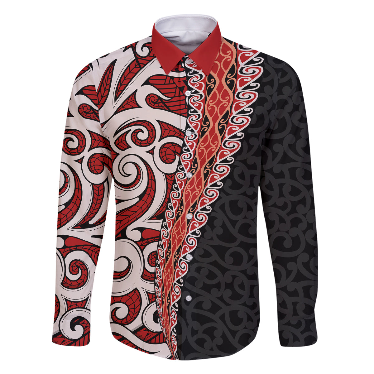 New Zealand Maori Stylized Koru Family Matching Tank Maxi Dress and Hawaiian Shirt LT03 Dad's Shirt - Long Sleeve Red - Polynesian Pride