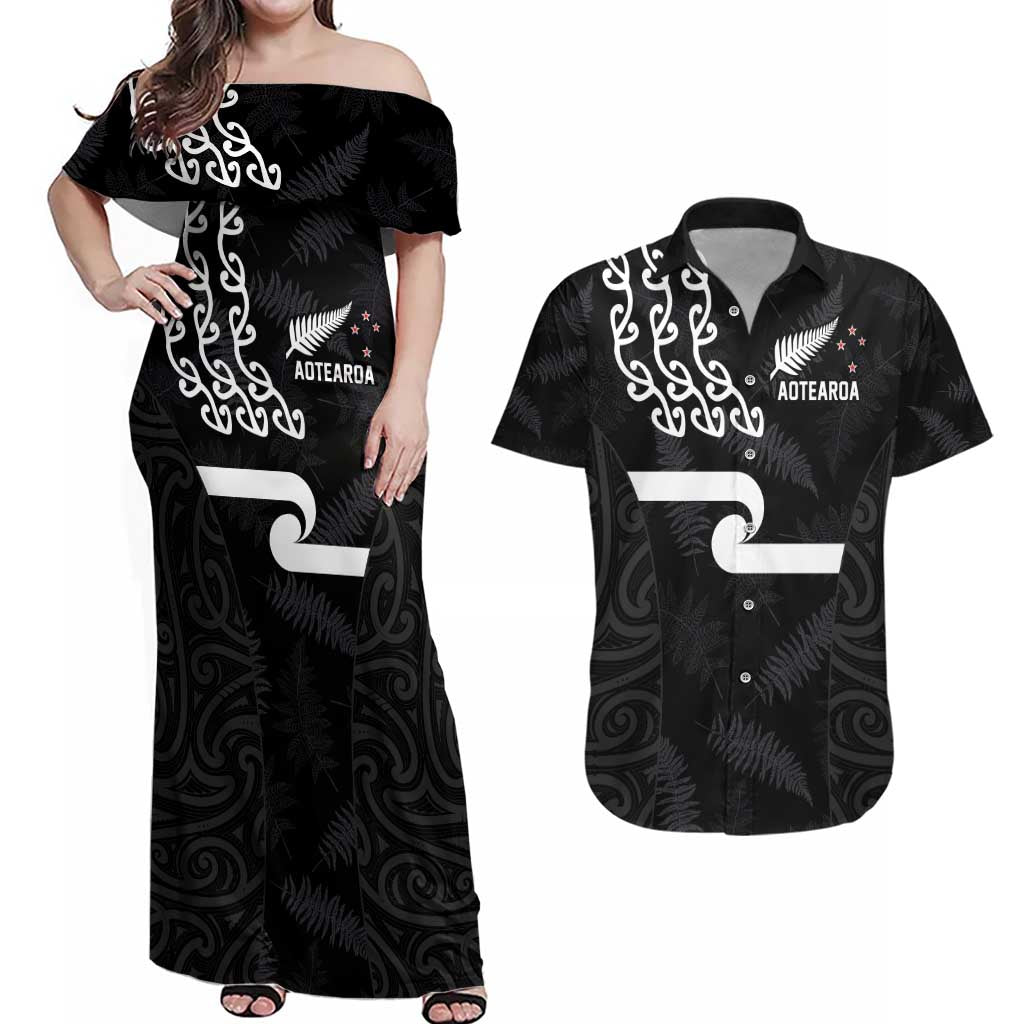 New Zealand Rugby Custom Couples Matching Off Shoulder Maxi Dress and Hawaiian Shirt The Champions Aotearoa