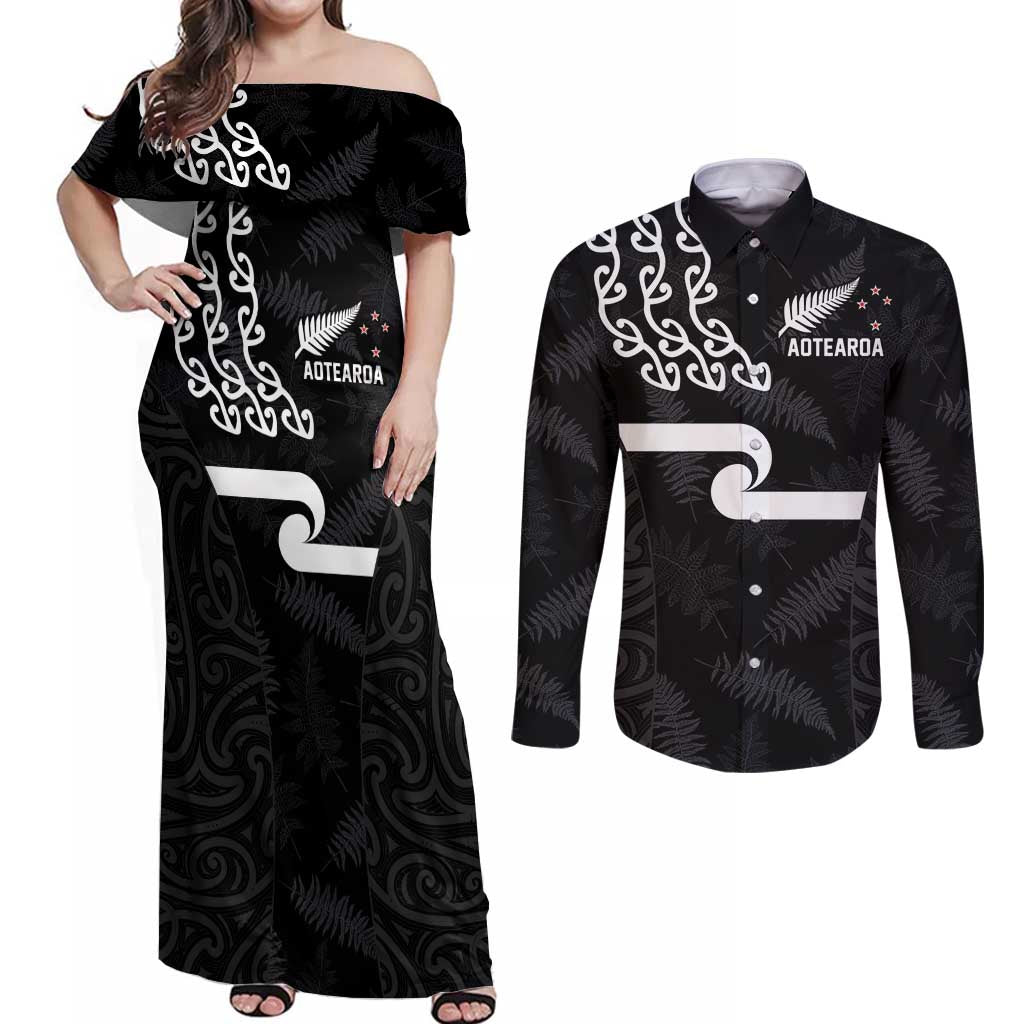 New Zealand Rugby Custom Couples Matching Off Shoulder Maxi Dress and Long Sleeve Button Shirt The Champions Aotearoa