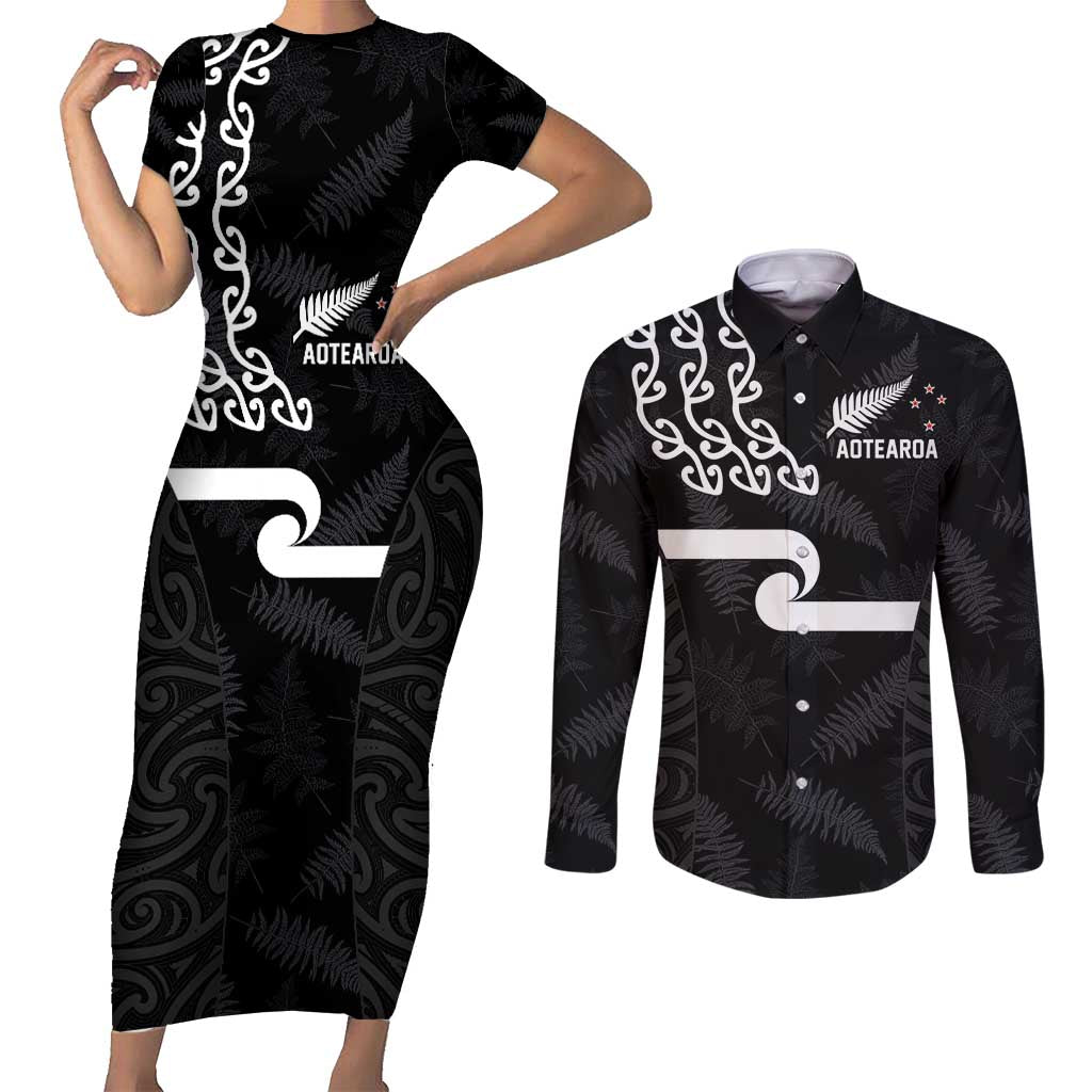 New Zealand Rugby Custom Couples Matching Short Sleeve Bodycon Dress and Long Sleeve Button Shirt The Champions Aotearoa