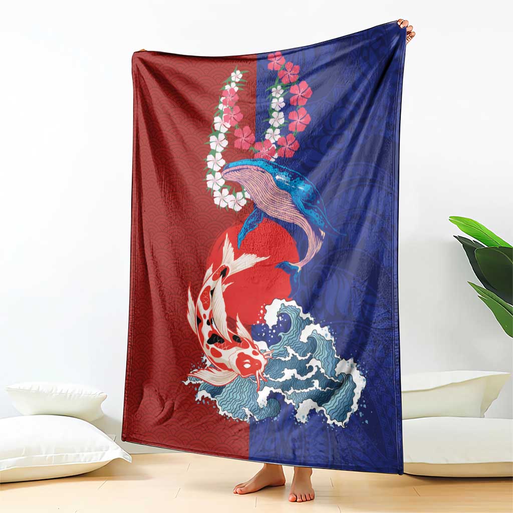 Hawaiian and Japanese Together Blanket The Whale and Koi Fish with Hinomaru and Lei