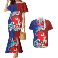 Hawaiian and Japanese Together Couples Matching Mermaid Dress and Hawaiian Shirt The Whale and Koi Fish with Hinomaru and Lei
