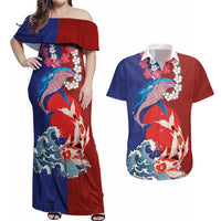 Hawaiian and Japanese Together Couples Matching Off Shoulder Maxi Dress and Hawaiian Shirt The Whale and Koi Fish with Hinomaru and Lei