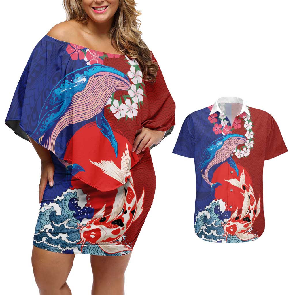 Hawaiian and Japanese Together Couples Matching Off Shoulder Short Dress and Hawaiian Shirt The Whale and Koi Fish with Hinomaru and Lei