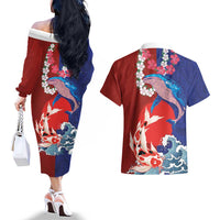 Hawaiian and Japanese Together Couples Matching Off The Shoulder Long Sleeve Dress and Hawaiian Shirt The Whale and Koi Fish with Hinomaru and Lei