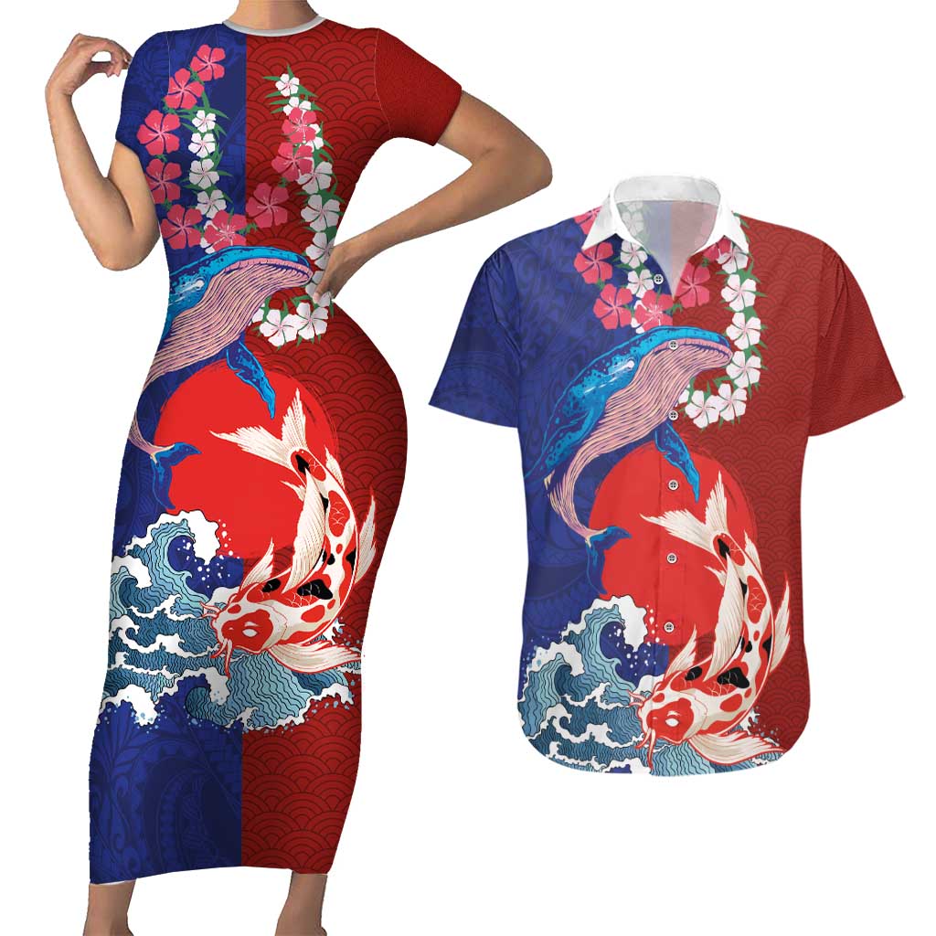 Hawaiian and Japanese Together Couples Matching Short Sleeve Bodycon Dress and Hawaiian Shirt The Whale and Koi Fish with Hinomaru and Lei