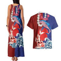 Hawaiian and Japanese Together Couples Matching Tank Maxi Dress and Hawaiian Shirt The Whale and Koi Fish with Hinomaru and Lei