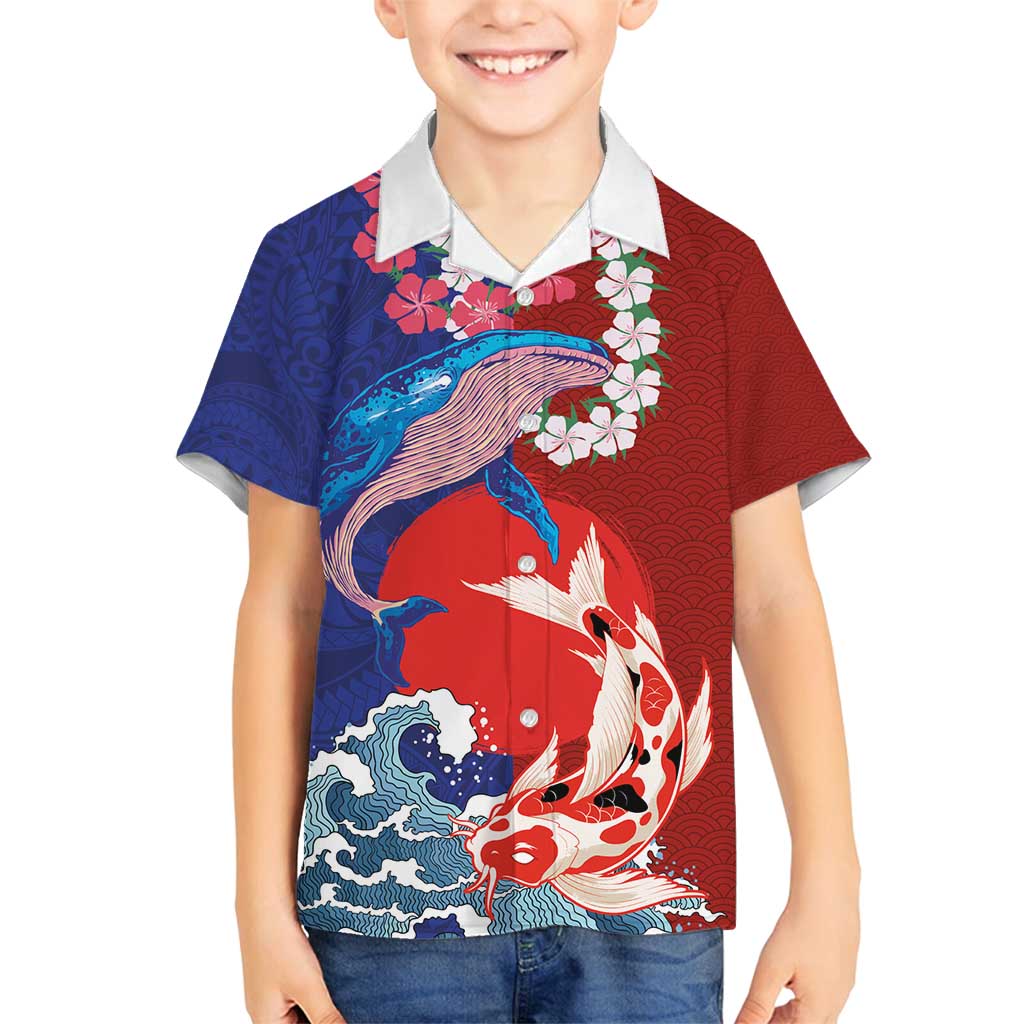 Hawaiian and Japanese Together Family Matching Long Sleeve Bodycon Dress and Hawaiian Shirt The Whale and Koi Fish with Hinomaru and Lei