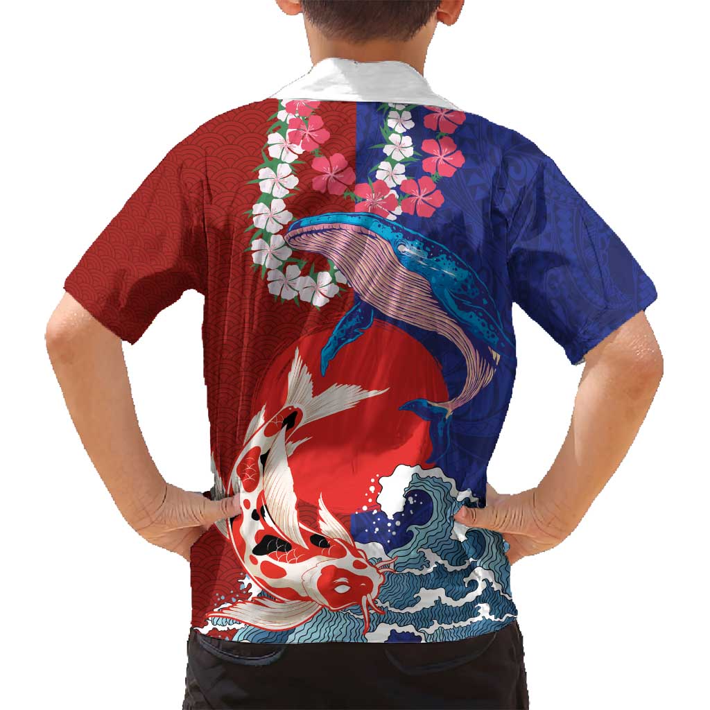Hawaiian and Japanese Together Family Matching Off Shoulder Maxi Dress and Hawaiian Shirt The Whale and Koi Fish with Hinomaru and Lei