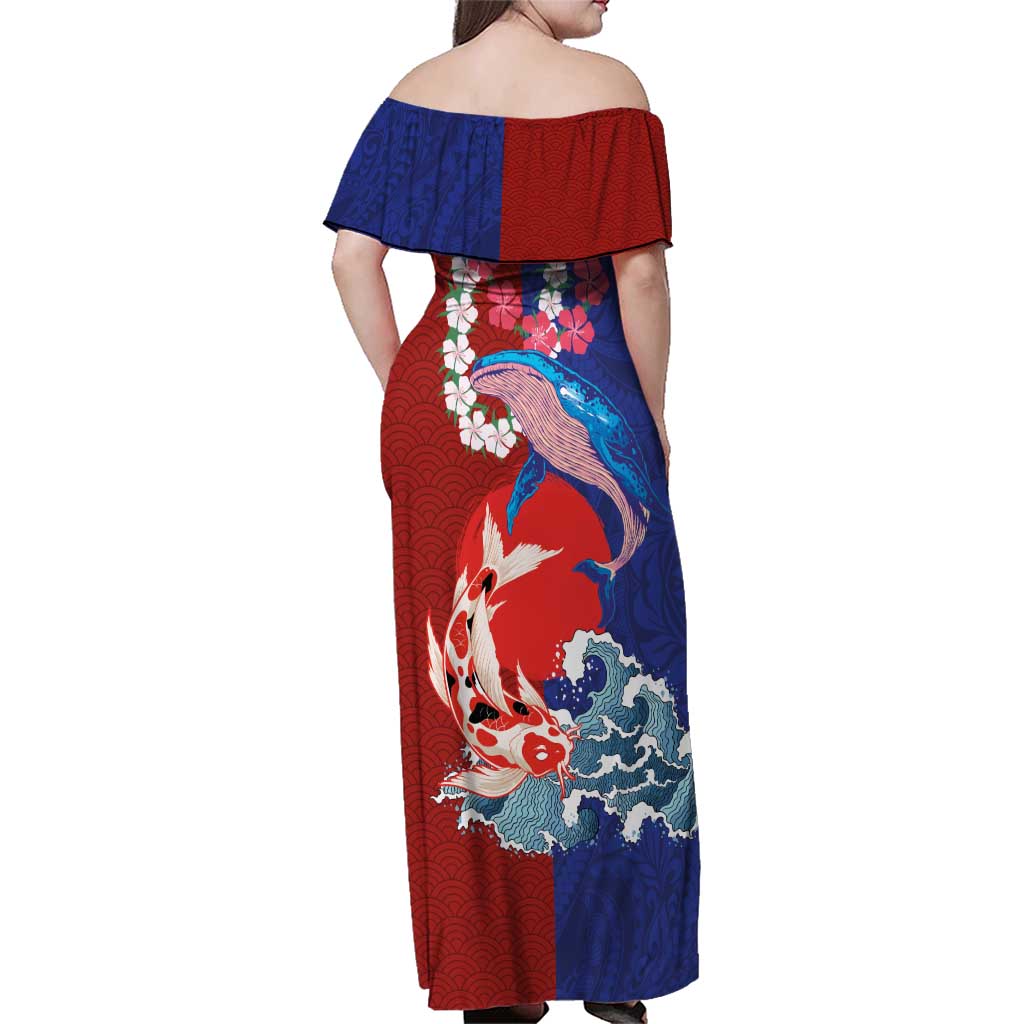 Hawaiian and Japanese Together Family Matching Off Shoulder Maxi Dress and Hawaiian Shirt The Whale and Koi Fish with Hinomaru and Lei