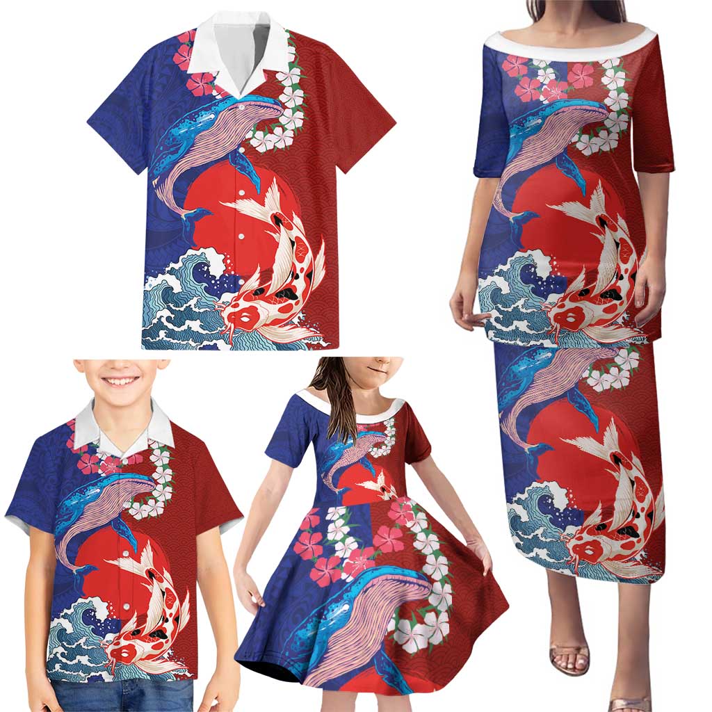Hawaiian and Japanese Together Family Matching Puletasi and Hawaiian Shirt The Whale and Koi Fish with Hinomaru and Lei