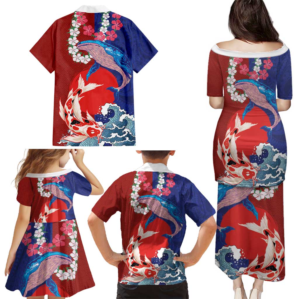 Hawaiian and Japanese Together Family Matching Puletasi and Hawaiian Shirt The Whale and Koi Fish with Hinomaru and Lei