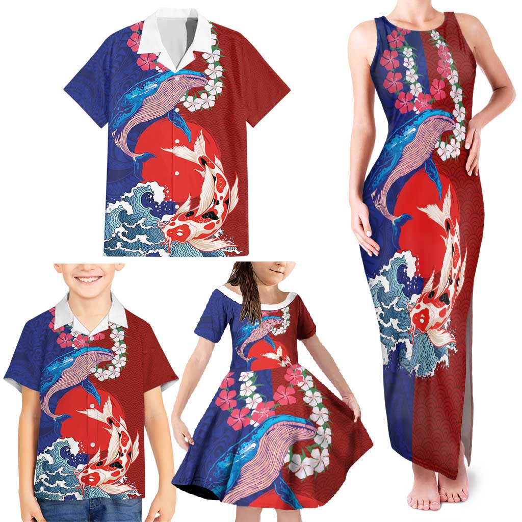 Hawaiian and Japanese Together Family Matching Tank Maxi Dress and Hawaiian Shirt The Whale and Koi Fish with Hinomaru and Lei