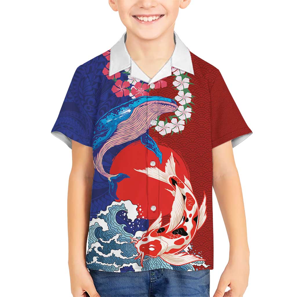Hawaiian and Japanese Together Hawaiian Shirt The Whale and Koi Fish with Hinomaru and Lei