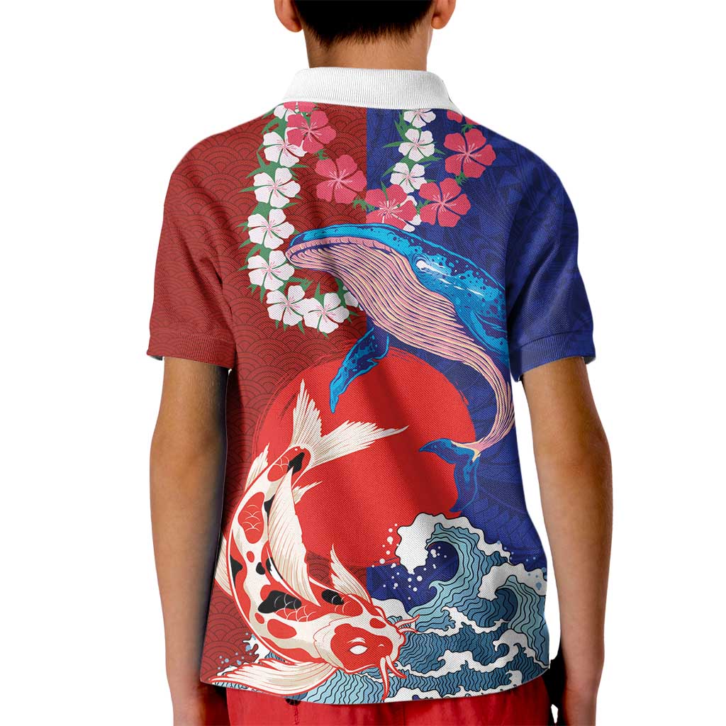 Hawaiian and Japanese Together Kid Polo Shirt The Whale and Koi Fish with Hinomaru and Lei