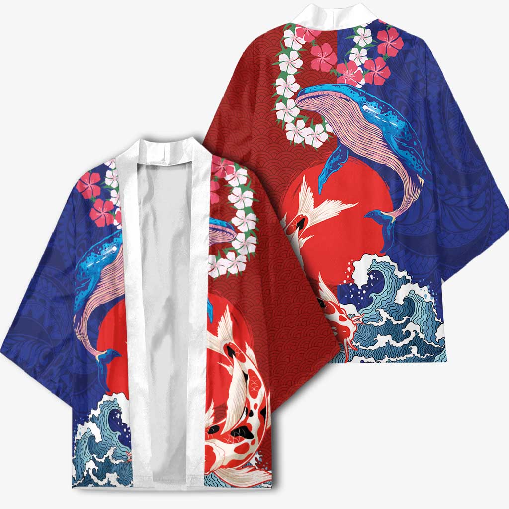 Hawaiian and Japanese Together Kimono The Whale and Koi Fish with Hinomaru and Lei - Polynesian Pride