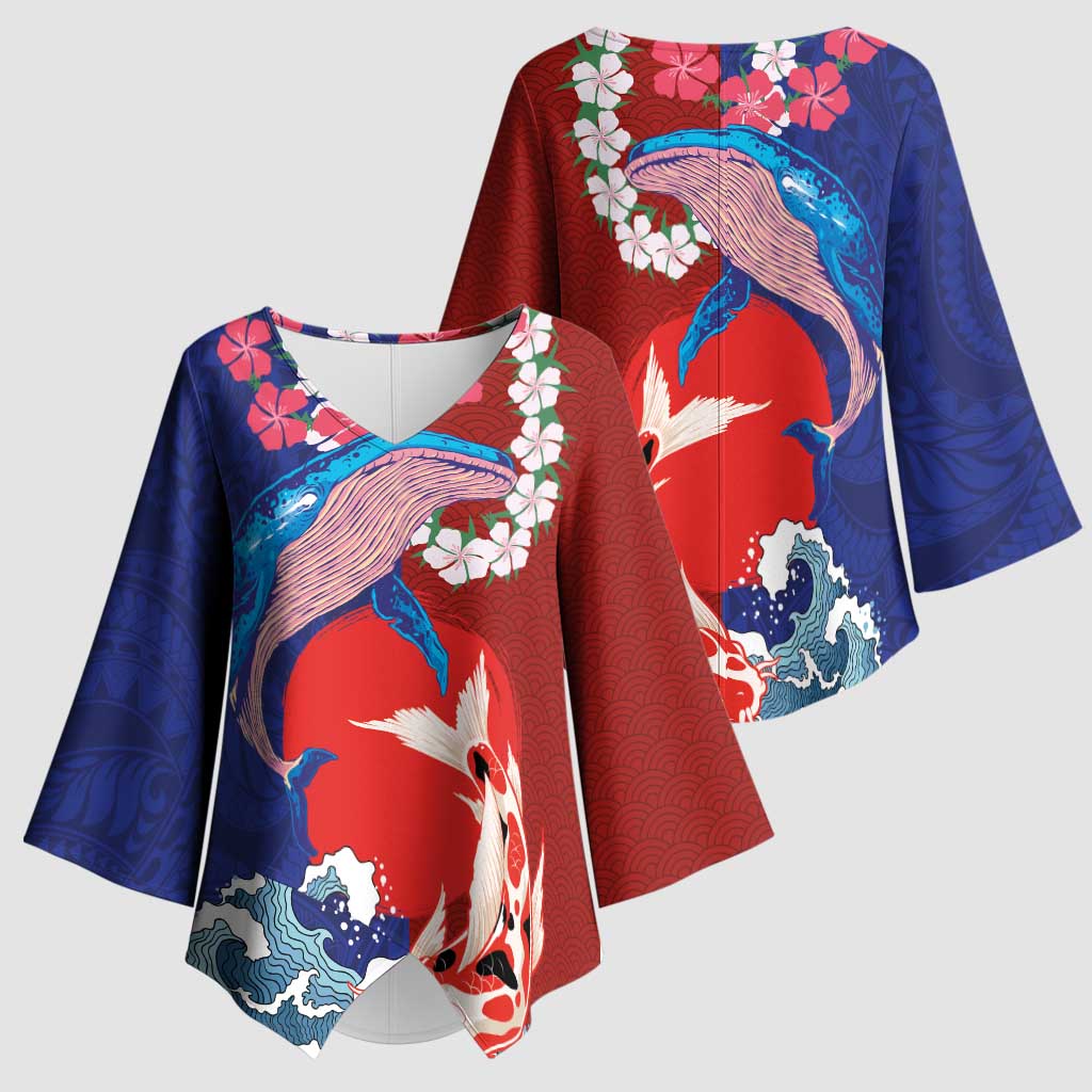 Hawaiian and Japanese Together Kimono Sleeve Blouse The Whale and Koi Fish with Hinomaru and Lei - Polynesian Pride