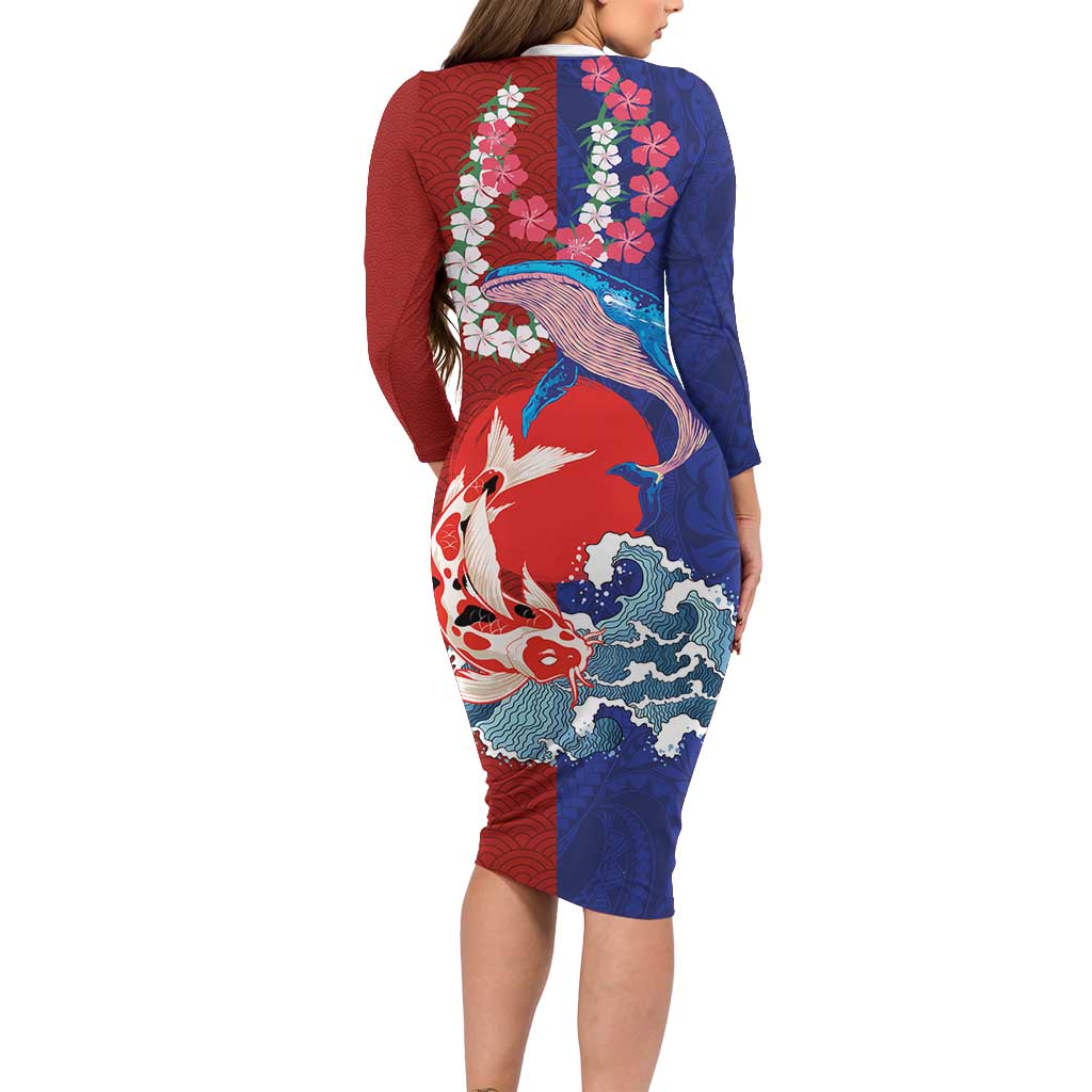 Hawaiian and Japanese Together Long Sleeve Bodycon Dress The Whale and Koi Fish with Hinomaru and Lei