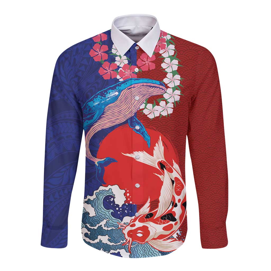Hawaiian and Japanese Together Long Sleeve Button Shirt The Whale and Koi Fish with Hinomaru and Lei LT03 Unisex Blue - Polynesian Pride