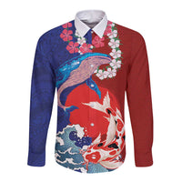 Hawaiian and Japanese Together Long Sleeve Button Shirt The Whale and Koi Fish with Hinomaru and Lei LT03 Unisex Blue - Polynesian Pride