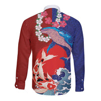 Hawaiian and Japanese Together Long Sleeve Button Shirt The Whale and Koi Fish with Hinomaru and Lei LT03 - Polynesian Pride