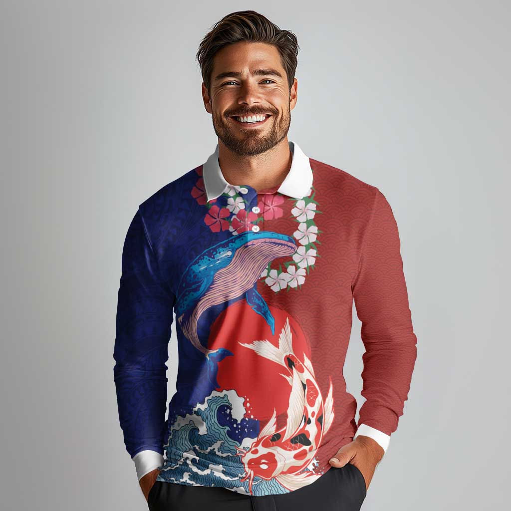 Hawaiian and Japanese Together Long Sleeve Polo Shirt The Whale and Koi Fish with Hinomaru and Lei
