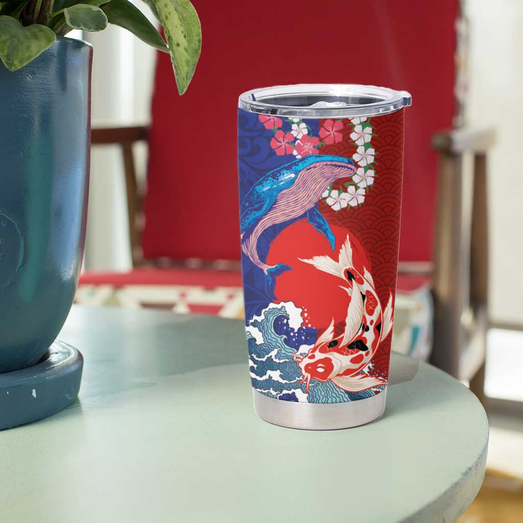 Hawaiian and Japanese Together Tumbler Cup The Whale and Koi Fish with Hinomaru and Lei