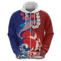 Hawaiian and Japanese Together Zip Hoodie The Whale and Koi Fish with Hinomaru and Lei
