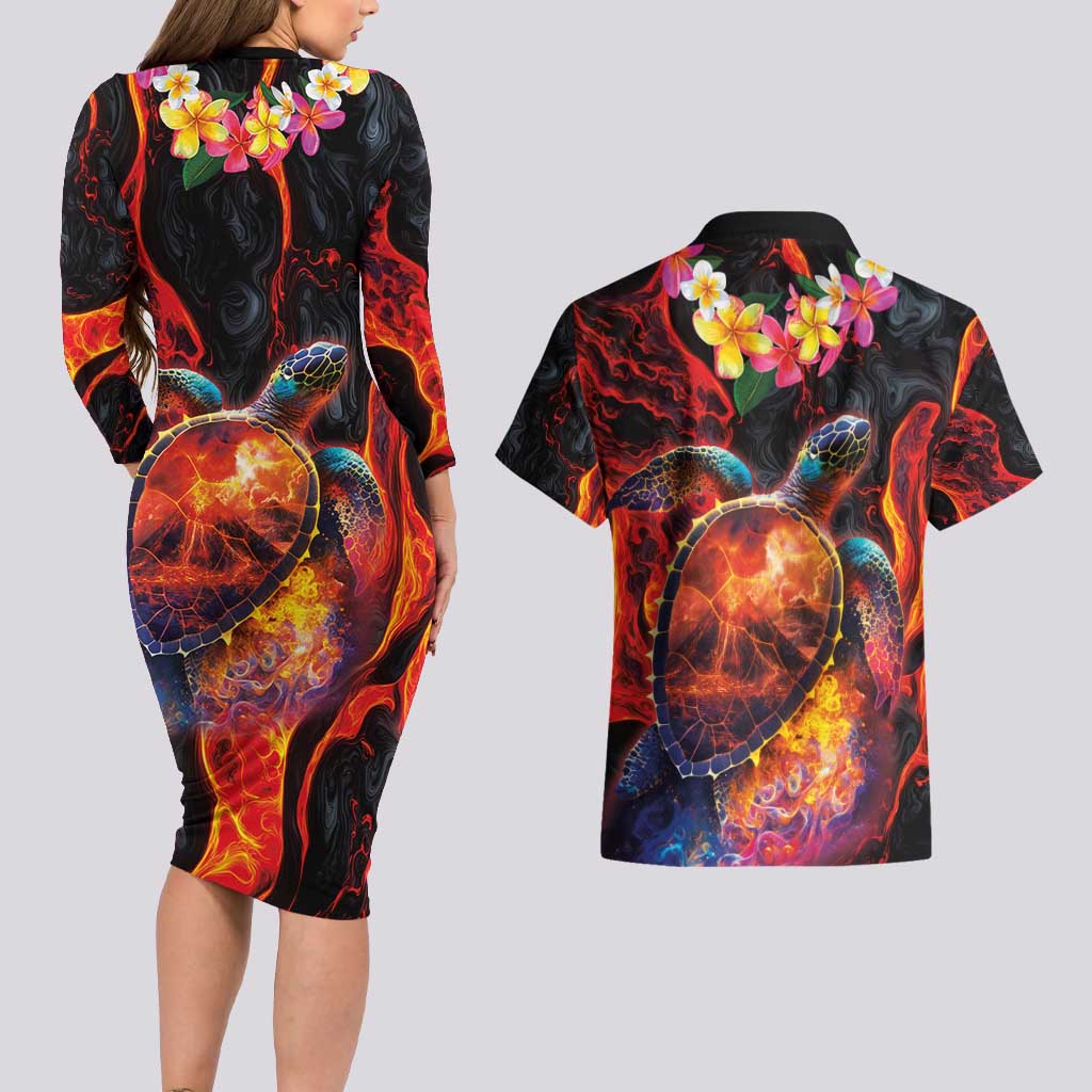 Hawaiian Turtle with Volcanic Eruption Couples Matching Long Sleeve Bodycon Dress and Hawaiian Shirt Hibiscus Lei and Lava Flow an Abstract Texture