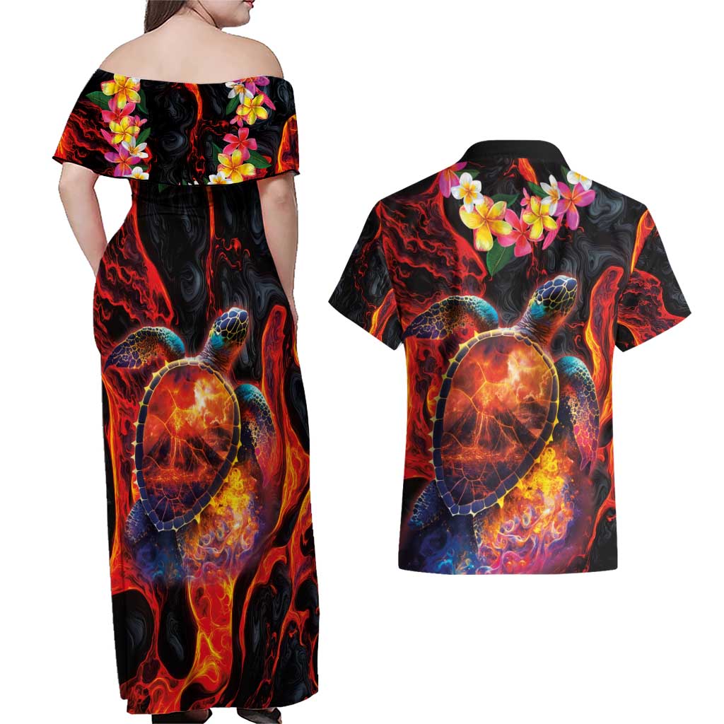 Hawaiian Turtle with Volcanic Eruption Couples Matching Off Shoulder Maxi Dress and Hawaiian Shirt Hibiscus Lei and Lava Flow an Abstract Texture