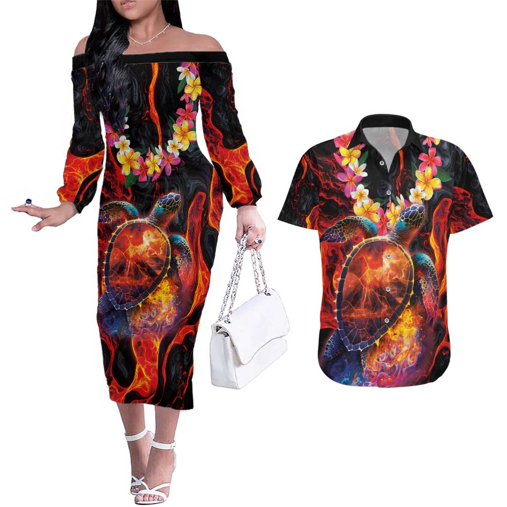 Hawaiian Turtle with Volcanic Eruption Couples Matching Off The Shoulder Long Sleeve Dress and Hawaiian Shirt Hibiscus Lei and Lava Flow an Abstract Texture