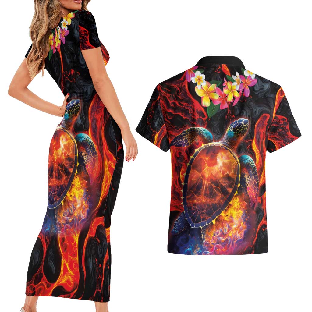 Hawaiian Turtle with Volcanic Eruption Couples Matching Short Sleeve Bodycon Dress and Hawaiian Shirt Hibiscus Lei and Lava Flow an Abstract Texture