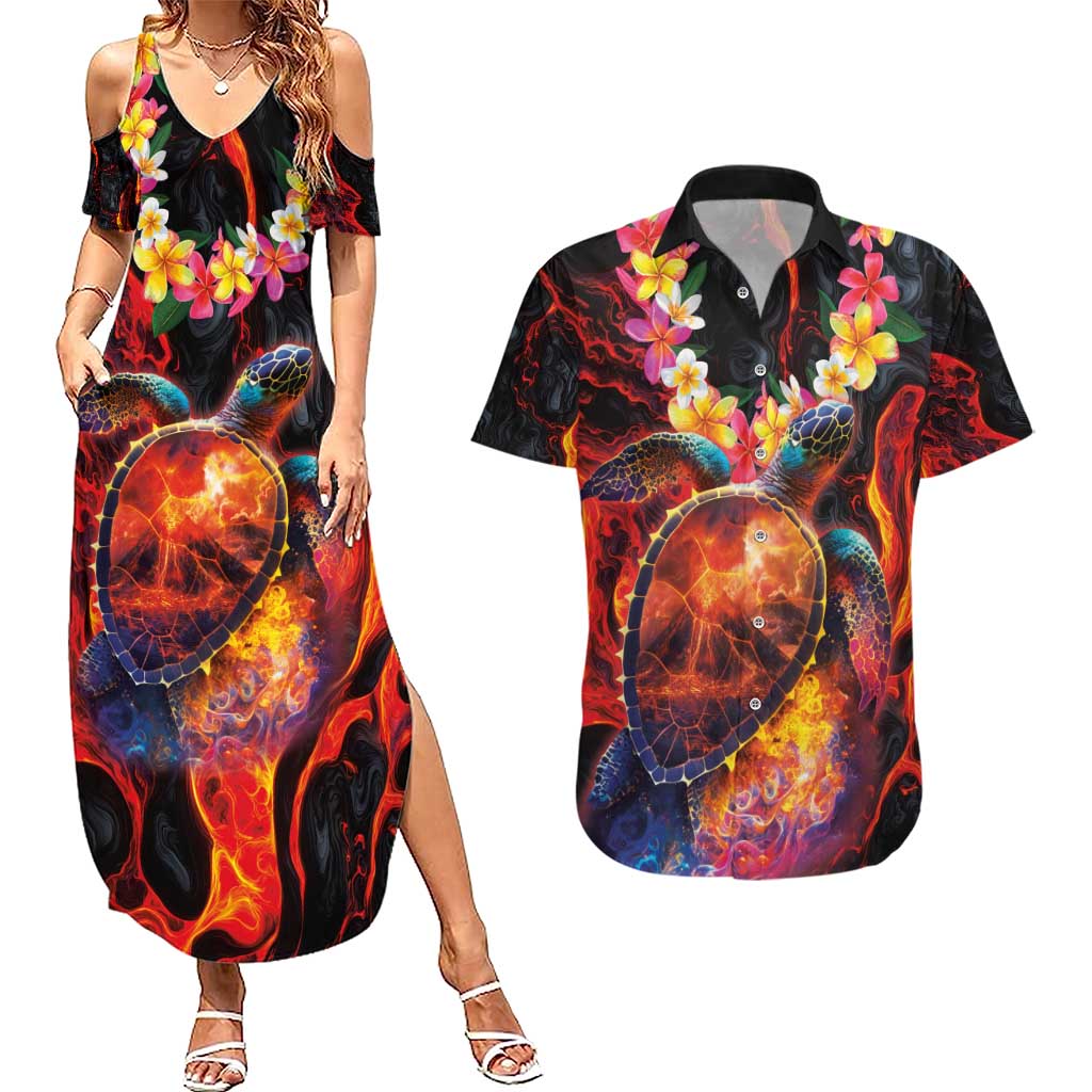 Hawaiian Turtle with Volcanic Eruption Couples Matching Summer Maxi Dress and Hawaiian Shirt Hibiscus Lei and Lava Flow an Abstract Texture