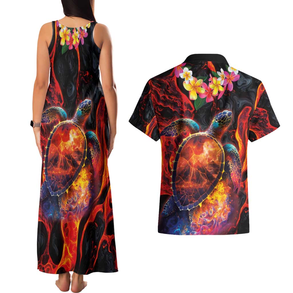 Hawaiian Turtle with Volcanic Eruption Couples Matching Tank Maxi Dress and Hawaiian Shirt Hibiscus Lei and Lava Flow an Abstract Texture