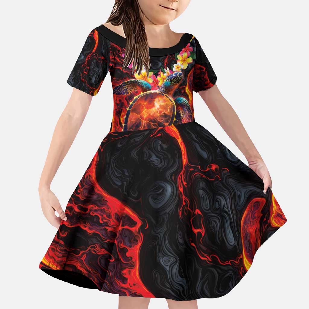 Hawaiian Turtle with Volcanic Eruption Family Matching Long Sleeve Bodycon Dress and Hawaiian Shirt Hibiscus Lei and Lava Flow an Abstract Texture