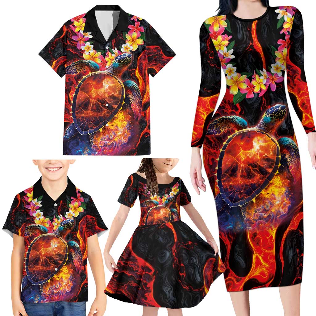Hawaiian Turtle with Volcanic Eruption Family Matching Long Sleeve Bodycon Dress and Hawaiian Shirt Hibiscus Lei and Lava Flow an Abstract Texture