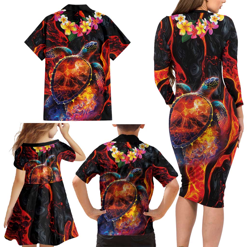 Hawaiian Turtle with Volcanic Eruption Family Matching Long Sleeve Bodycon Dress and Hawaiian Shirt Hibiscus Lei and Lava Flow an Abstract Texture