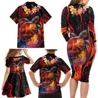 Hawaiian Turtle with Volcanic Eruption Family Matching Long Sleeve Bodycon Dress and Hawaiian Shirt Hibiscus Lei and Lava Flow an Abstract Texture