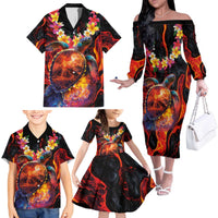 Hawaiian Turtle with Volcanic Eruption Family Matching Off The Shoulder Long Sleeve Dress and Hawaiian Shirt Hibiscus Lei and Lava Flow an Abstract Texture