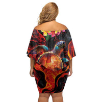 Hawaiian Turtle with Volcanic Eruption Family Matching Off Shoulder Short Dress and Hawaiian Shirt Hibiscus Lei and Lava Flow an Abstract Texture