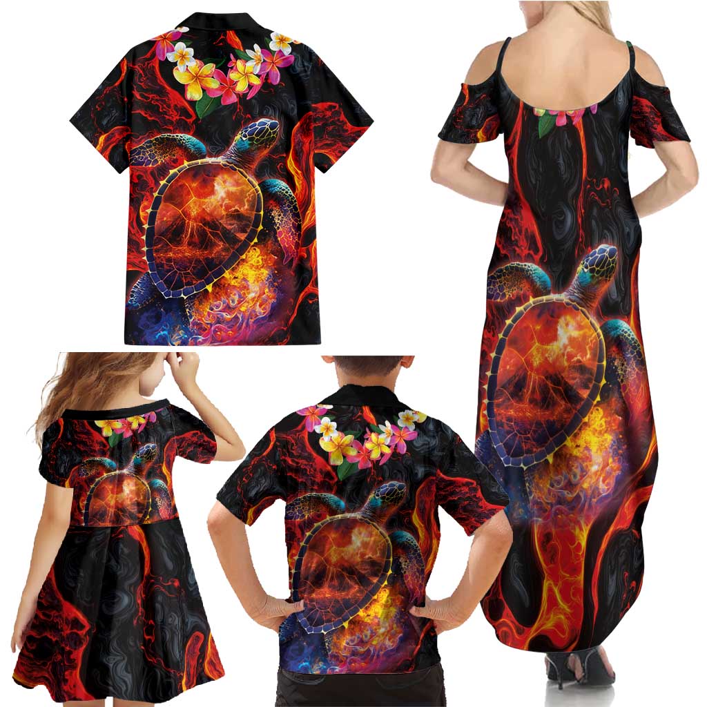 Hawaiian Turtle with Volcanic Eruption Family Matching Summer Maxi Dress and Hawaiian Shirt Hibiscus Lei and Lava Flow an Abstract Texture