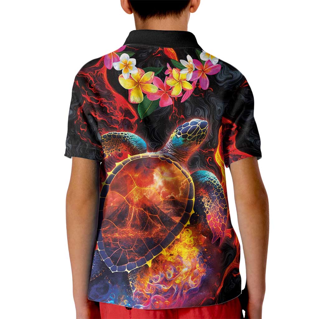 Hawaiian Turtle with Volcanic Eruption Kid Polo Shirt Hibiscus Lei and Lava Flow an Abstract Texture