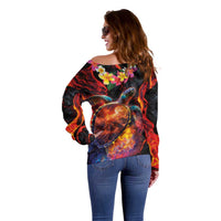 Hawaiian Turtle with Volcanic Eruption Off Shoulder Sweater Hibiscus Lei and Lava Flow an Abstract Texture