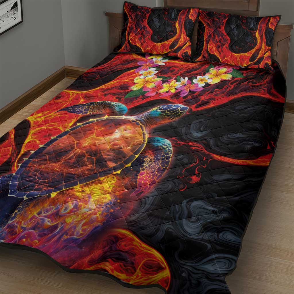 Hawaiian Turtle with Volcanic Eruption Quilt Bed Set Hibiscus Lei and Lava Flow an Abstract Texture