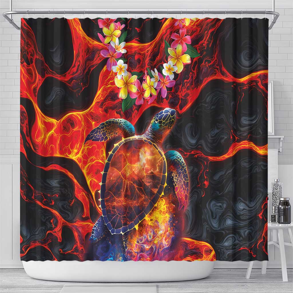 Hawaiian Turtle with Volcanic Eruption Shower Curtain Hibiscus Lei and Lava Flow an Abstract Texture