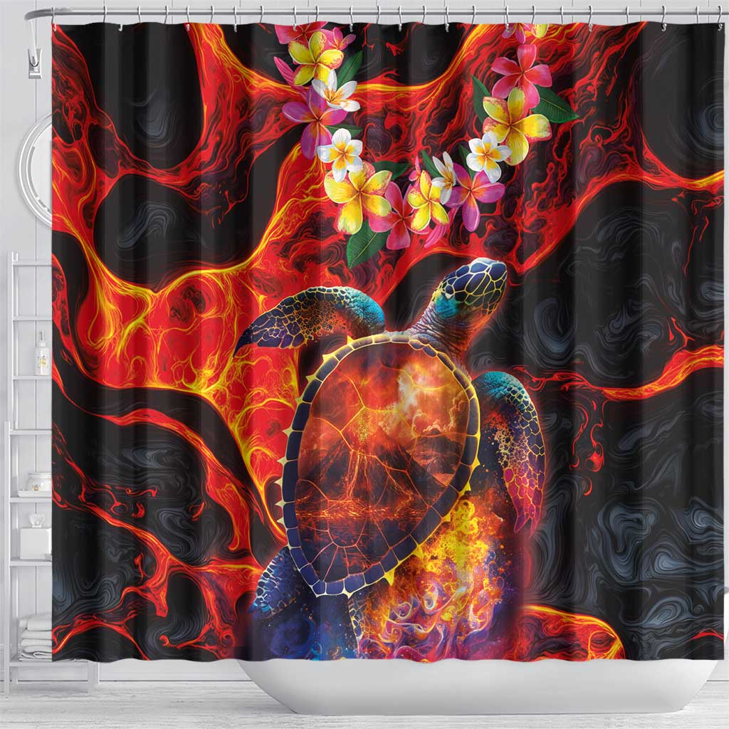 Hawaiian Turtle with Volcanic Eruption Shower Curtain Hibiscus Lei and Lava Flow an Abstract Texture