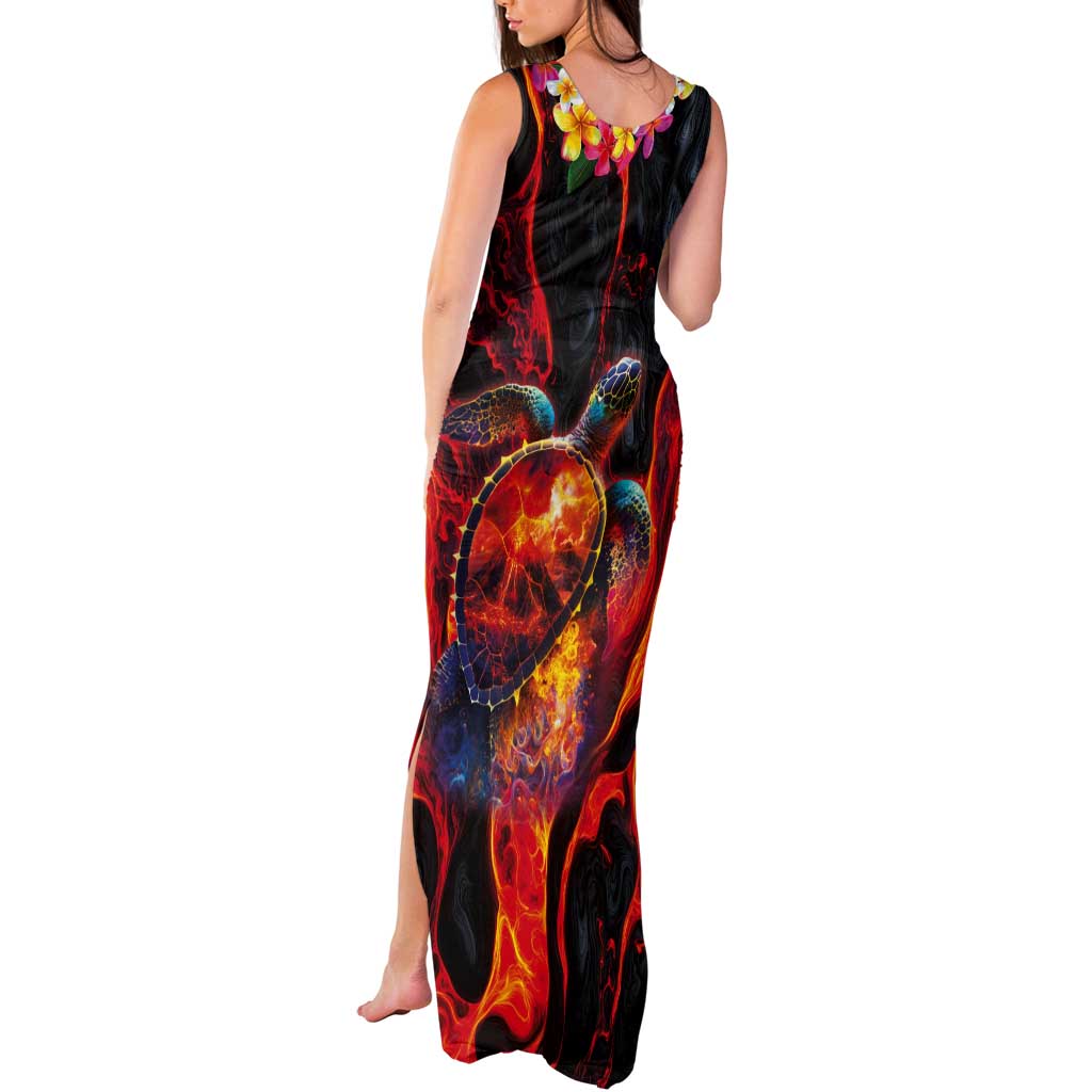Hawaiian Turtle with Volcanic Eruption Tank Maxi Dress Hibiscus Lei and Lava Flow an Abstract Texture