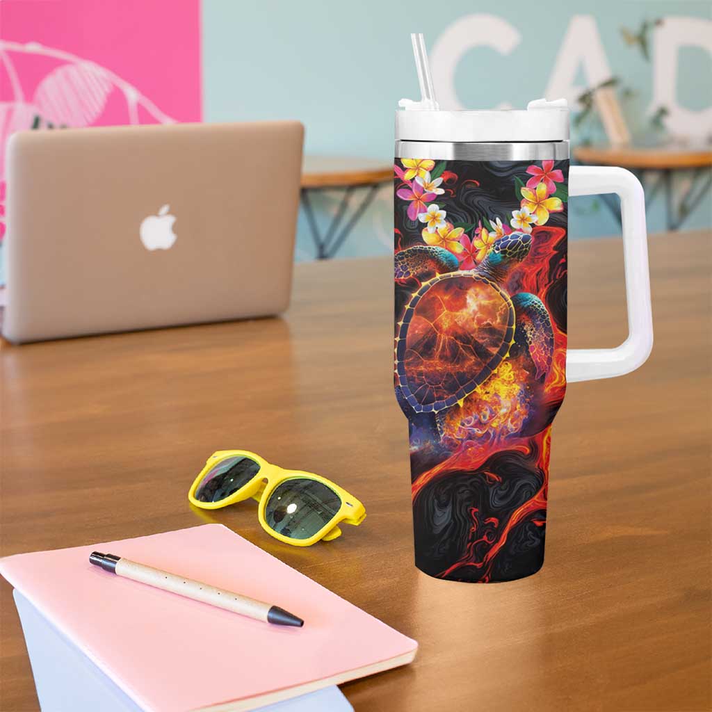 Hawaiian Turtle with Volcanic Eruption Tumbler With Handle Hibiscus Lei and Lava Flow an Abstract Texture
