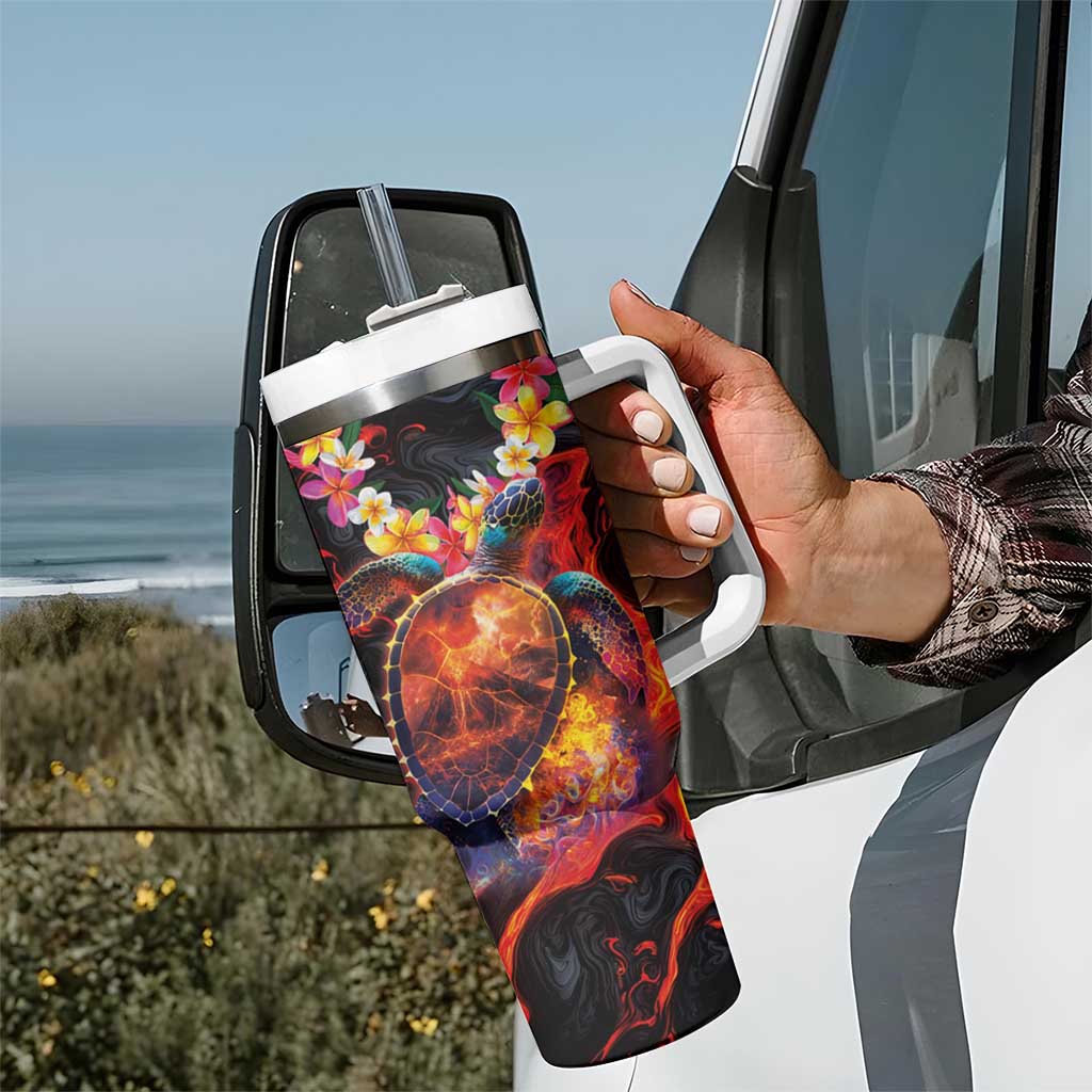 Hawaiian Turtle with Volcanic Eruption Tumbler With Handle Hibiscus Lei and Lava Flow an Abstract Texture